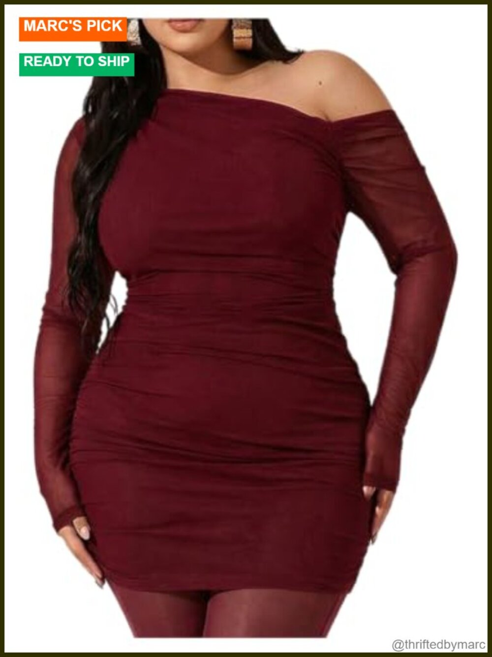 Plus Size Off Shoulder Mesh Long Sleeve Bodycon Mini Dress